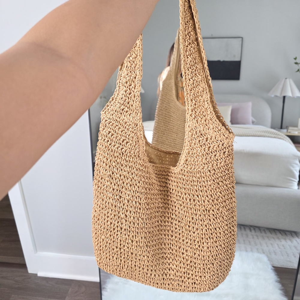 Woven Straw Tote Bag in Natural Beige - Casual Shoulder Tote - Picture 8 of 13